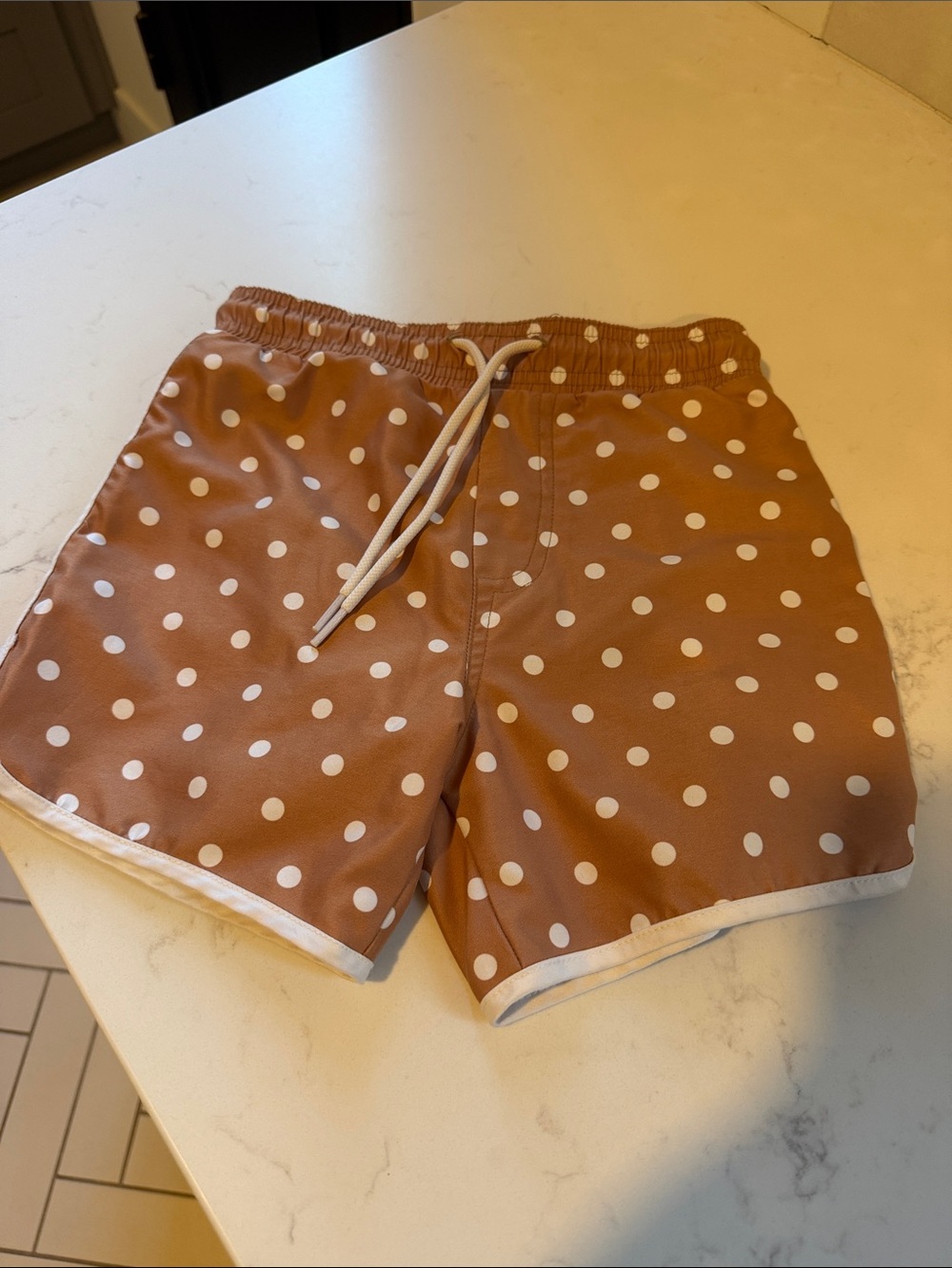 Kids Polka Dot Swim Trunks - Brown with White Dots